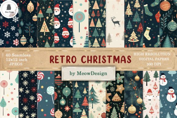 Retro Christmas Digital Paper Bundle